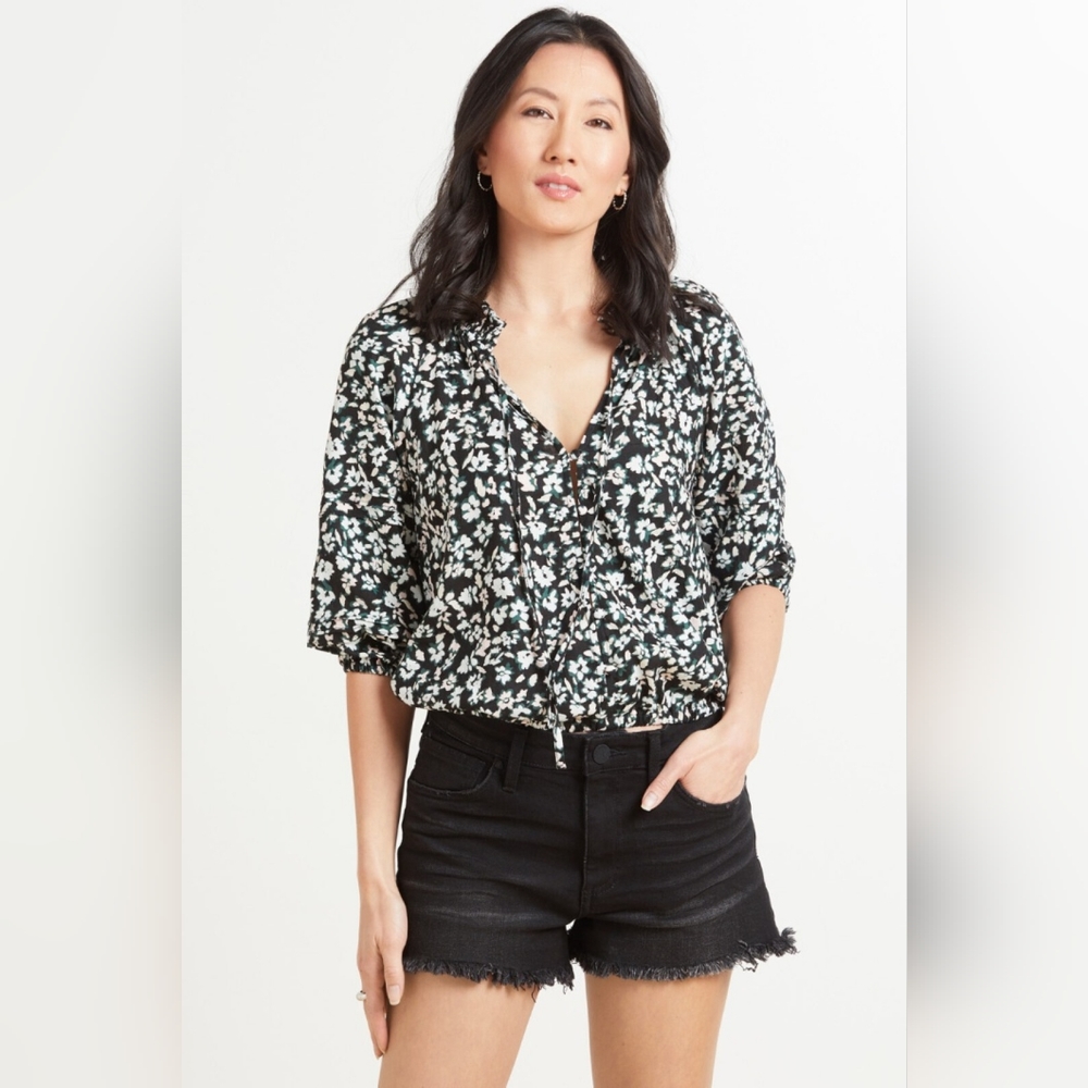 Sanctuary Evereve Don't Forget Linen Blouse in‎ Black Mint Spritz Size S